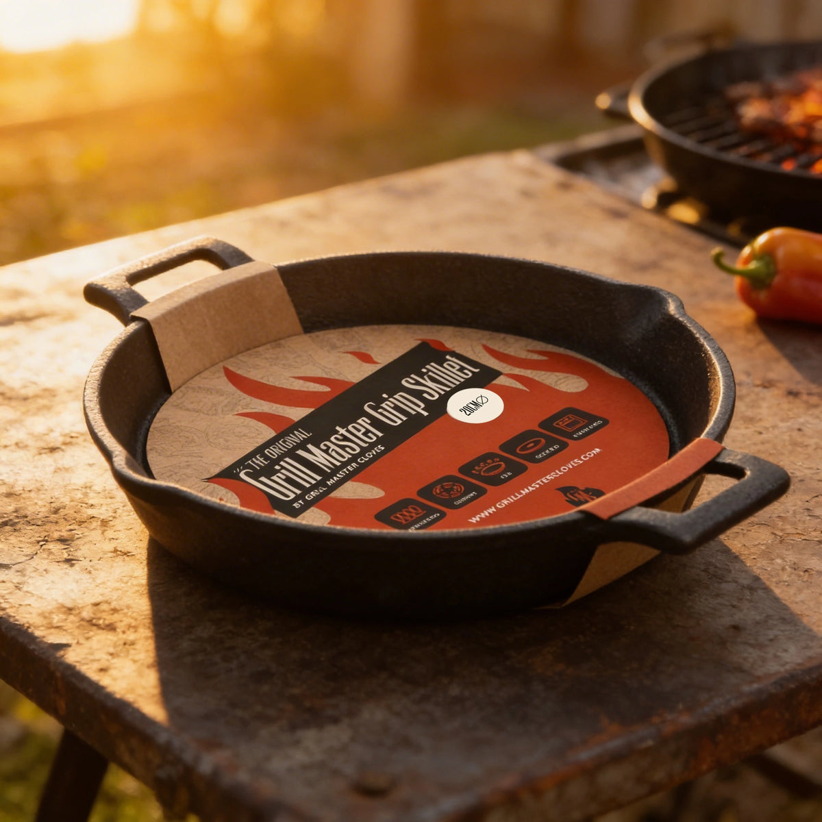 Grill Master Gloves tilting a Dutch oven with mussels